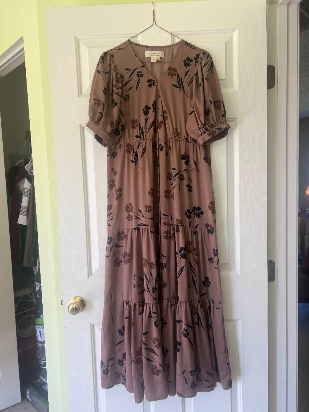 Saltwater LUXE Mauve Floral Tiered Midi Dress Boho Size M